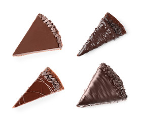 Set with different chocolate cake pieces on white background, top view