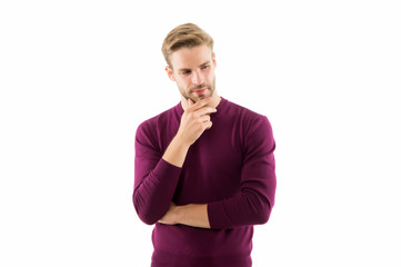 man wear purple jumper. male beauty standards. autumn fashion for men. confident businessman has...