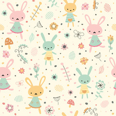 Vector seamless spring pattern with rabbits and plants. Easter background.  Cartoon bunnies