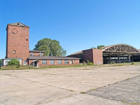 Office buildings and hangar at the old German airfield Noitif. Baltiysk, Kaliningrad region