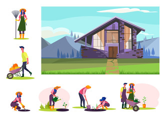Set of young farmers working at orchard. Flat illustrations of people planting, watering plants, gazering harvest. Own farm concept for banner, website design or landing web page