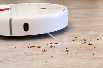 Robotic vacuum cleaner removes breadcrumbs from the laminate wood floor.