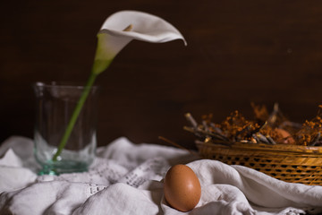 Fototapeta na wymiar egg with a nest and white flower on wooden background