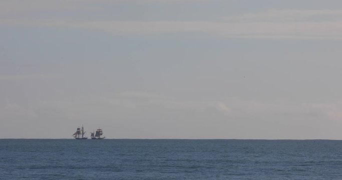 1700's Replica Ship Sails Toward Land near the Channel Islands, California