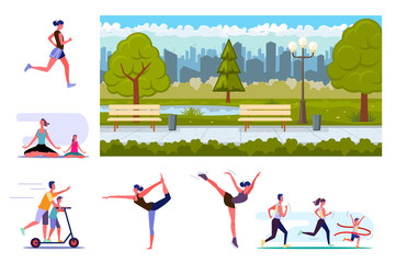 Set of sporty people training. Flat illustrations of citizens running, practicing yoga, stretching and skating. Sport concept for banner, website design or landing web page