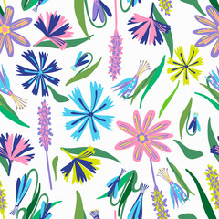 Modern seamless vector botanical pattern with seasonal spring flowers spring colourful and light cornflower. Can be used for printing on paper, stickers, badges, bijouterie, cards, textiles. 