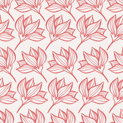 Seamless vector botanical colourful pattern with lined decorative spring light tulips on white background in red tones. Can be used for printing on paper, stickers, badges, bijouterie, cards, textiles