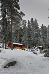 Petites cabanes rouge dans la forêt enneigée du nord arctique près de Luleå en Suède
