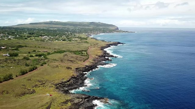 Aerial Drone View Easter Island Isla de Pascua Coast in Chile, Polynesian Island on Pacific Ocean