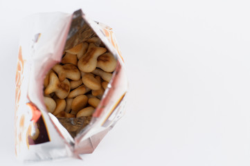 Salty snacks  isolated on white background.Copy space