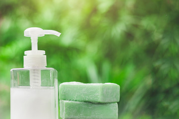 Fototapeta na wymiar Hand wash gel with soap to prevent corona virus.