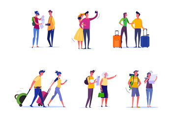 Fototapeta na wymiar Travelers and passengers set. Tourists taking selfie, walking, carrying luggage, consulting map. People concept. illustration for topics like activity, leisure, tourism