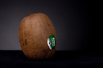 Standing Kiwifruit with brown hair-like peel on a black surface contrasted against a dark grey studio background with a label. TRANSLATION: 'KIWI. ORIGIN: ITALY'