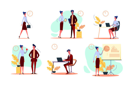 Business day set. Businesswoman walking to office, using laptop, talking to colleague, holding presentation. People concept. illustration for topics like schedule, occupation