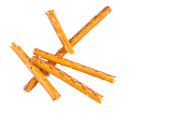Salty cracker pretzel sticks isolated on white background.Copy space
