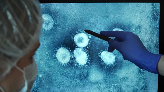 Team of scientists sits at computer monitor in laboratory and discusses photo of Coronovirus under microscope. Hands in medical gloves indicate virus on screen. Close-up