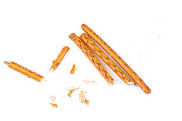 Salty cracker pretzel sticks isolated on white background.Copy space