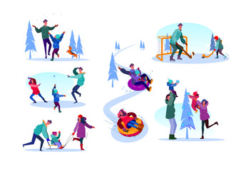 Fototapeta na wymiar Family enjoying winter activities set. Parents and child walking outdoors, playing ice hockey, snowballs. Flat illustrations. Parenthood concept for banner, website design or landing web page