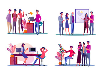 Corporate meeting illustration set. Colleagues discussing project, presenting chart, chatting. Communication concept. illustration for topics like business, collaboration, partnership