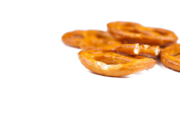 Salt pretzels isolated on white background.Copy space