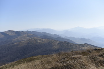Bieszczady Mountain park with top view in high sun
