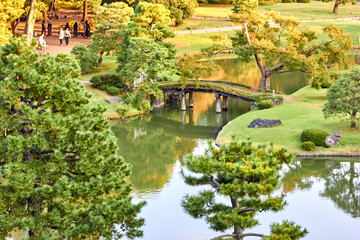 Fototapeta na wymiar Wooden bridge in japanese style garden