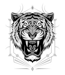 Tiger logo. Black white illustration of a tiger head. Portrait of a predator. Tattoo wild cats.