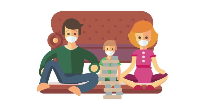 A discouraging family on karate plays jenga and remains happy. Staying home with self quarantine. Protect from viruses. Coronavirus Prevention. Pandemic. Epidemic.