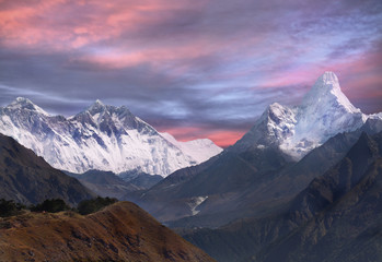 Himalayas mountains sunrise in winter Nepal