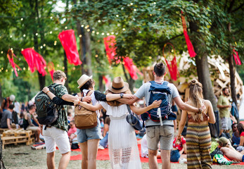 Rear view of group of young friends at summer festival, walking.
