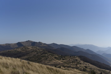 Bieszczady Mountain park with top view in high sun