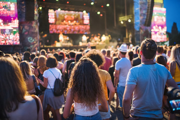 Rear view of group of young friends at summer festival.