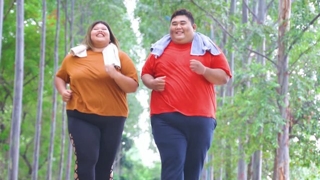 Romantic fat couple jogging at the park