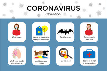 Obraz premium Coronavirus prevention infographics. Wear mask, stay home, avoid animals, crowded places, wash your hands, eat hot food, call doctor