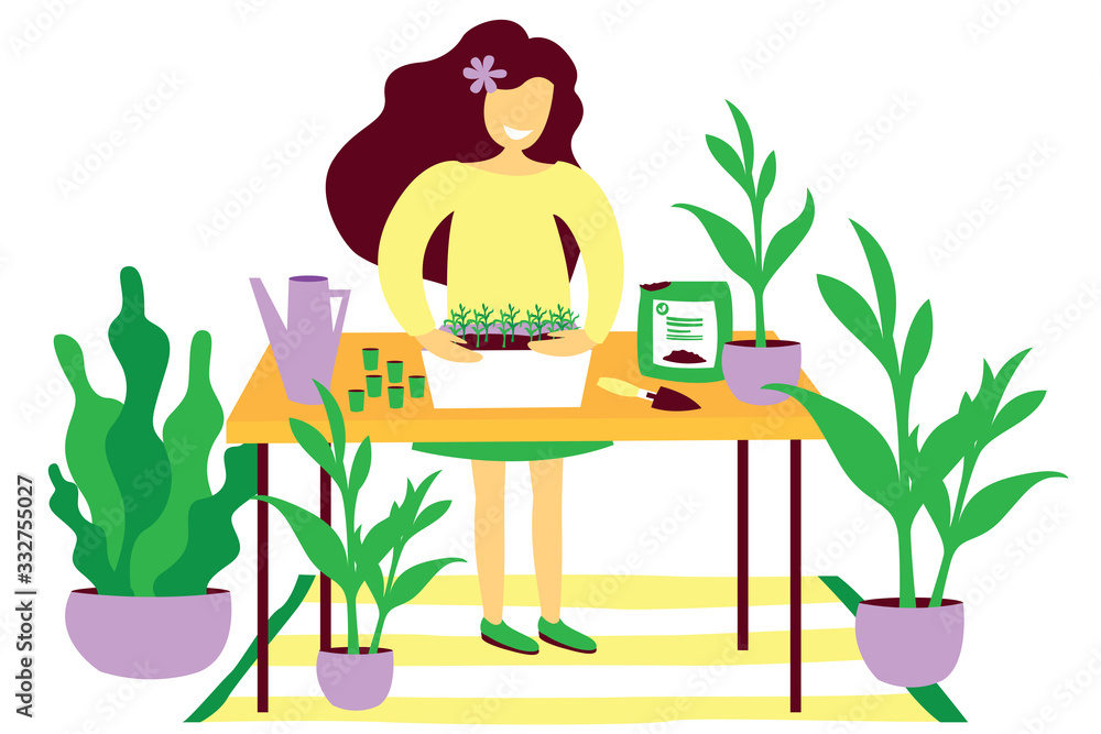 Wall mural girl with plants. happy girl plants seedlings. around her are potted flowers. on the table is a pot 