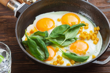 Fried eggs for breakfast close-up. Wooden table. Healthy eating