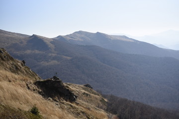 Bieszczady Mountain park with top view in high sun