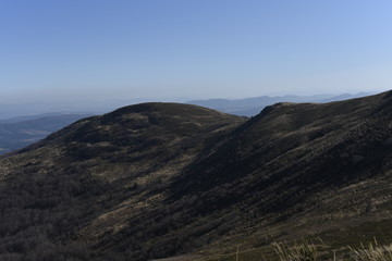 Bieszczady Mountain park with top view in high sun