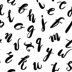 Vector seamless pattern. Hand drawn brush script letters alphabet. English low case font. Vector black ink lettering design. 