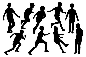 Kids playing football. Boys pose silhouettes set on white background