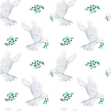 Hand drawn dove peace with olive branch and leaves seamless pattern Watercolor illustration on white background