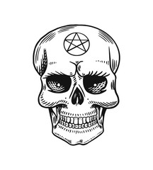Human skull with satanic symbols. Element of magic mystical spells. Hand drawn engraved doodle sketch. Vector illustration.