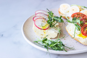 Breakfast sandwiches with cream cheese, quail eggs, tomatoes, radish and micro green on a ceramic plate, light grey background. Healthy snack. Close up.