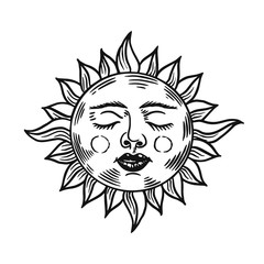 Mystical sleeping sun. Astronomy, alchemy and astrology symbol. Magic Gypsy Vector illustration. Hand drawn engraved doodle sketch for tattoo or t-shirt.. 