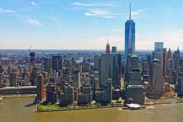 Helicopter view of Lower Manhattan in New York from Hudson