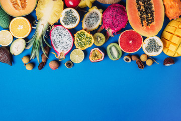 Exotic fruits - pineapple, papaya, mango, annona, banana, pitahaya, kiwano, african horned melon, tamarillo fruit, granadilla, salak, snake fruit, maracuya, rambutan, lychee, longan, tamarind