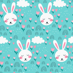Seamless pattern with cute rabbit. Childish print. Vector
