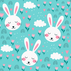 Seamless pattern with cute rabbit. Childish print. Vector