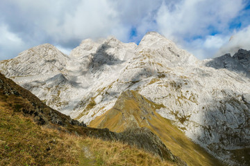 Golden colored mountains range at Austrian-Italian border. The autumn vibes in Alps, nature getting...
