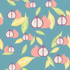 Seamless pattern with stylized pomegranates and leaves on a blue background. Vector flat illustration.